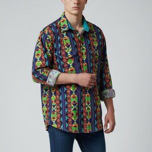 Vintage Roper Mens Western Shirt XL Loud Abstract Aztec Cowboy Rodeo Cotton USA